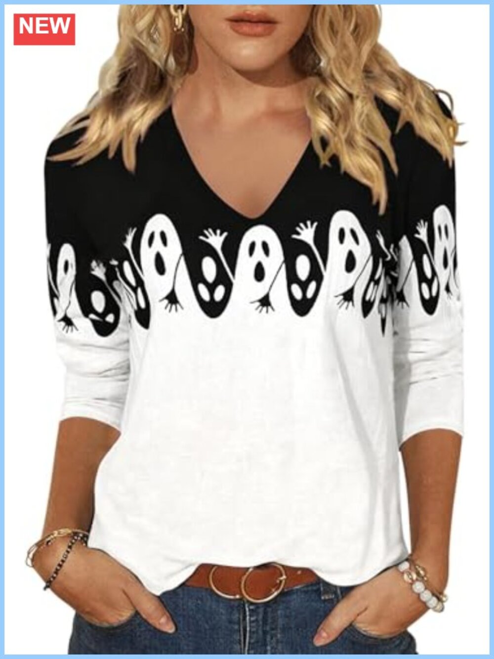 Women's Halloween 3/4 Sleeve V Neck Graphic T-Shirt